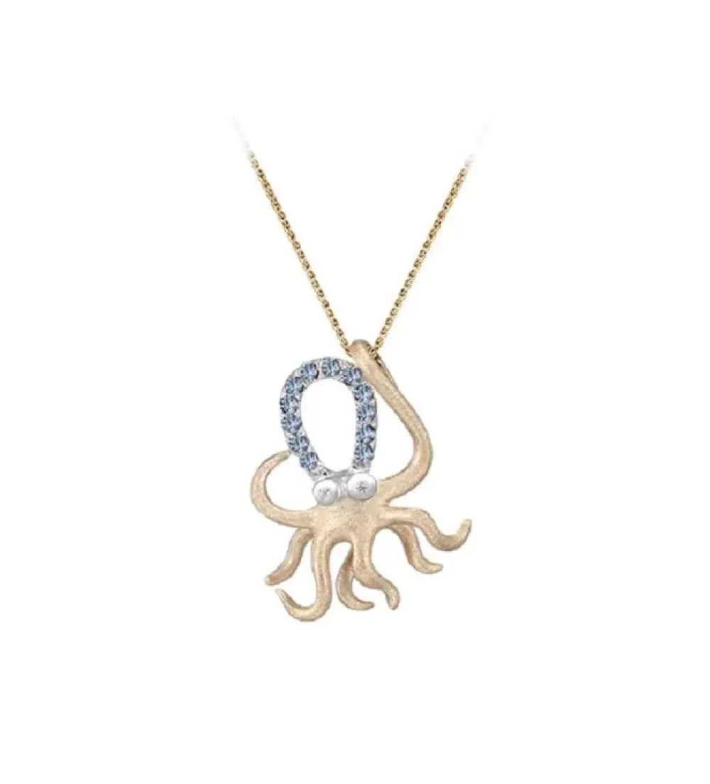 Hawaiian Jewelry | Denny Wong 12K 2/Tone Octopus Pendant With 2 Diamonds And 12 Pastel Blue Sapphires