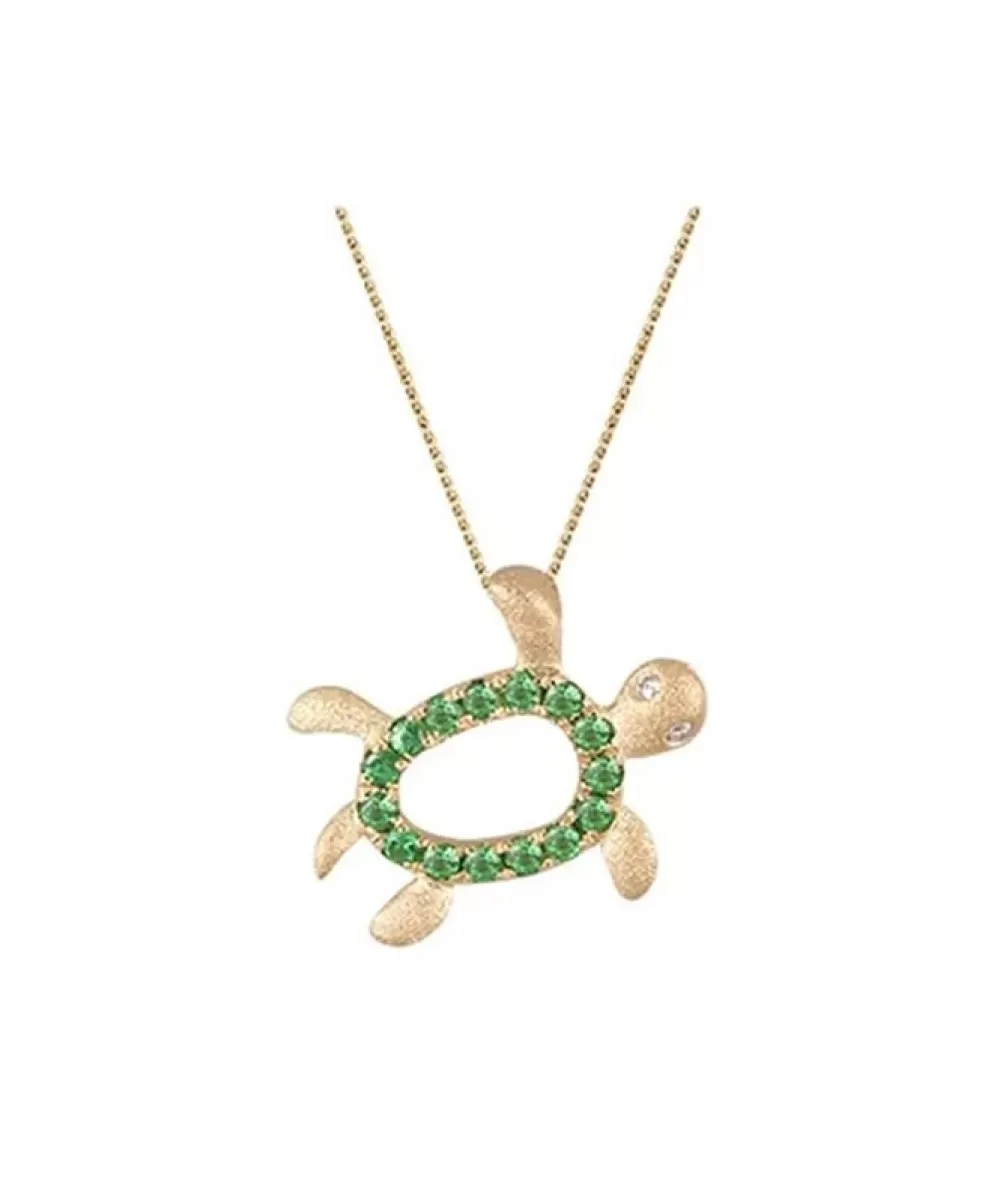 Hawaiian Jewelry | Denny Wong 14K 12Mm "Hawaiian Petroglyph" Honu Pendant With 2 Diamonds And 15 Tsavorites