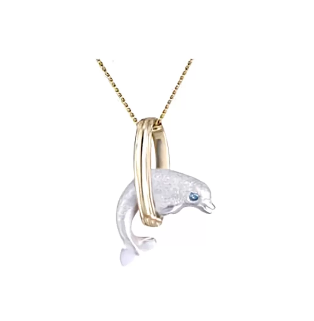Hawaiian Jewelry | Denny Wong 14K 15Mm "Jumping Loop" Dolphin Pendant With 0.01 Blue Diamond