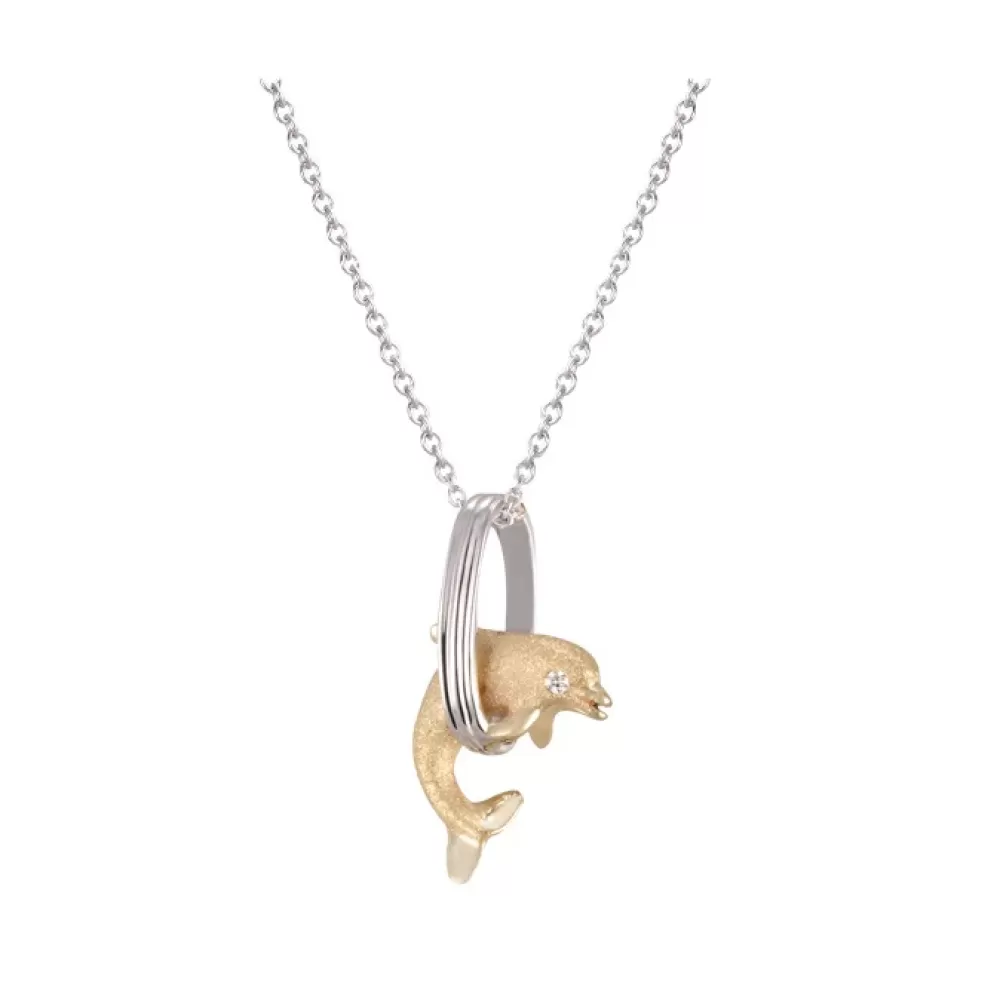 Hawaiian Jewelry | Denny Wong 14K 15Mm "Jumping Loop" Dolphin Pendant With 0.01 Carat Diamond