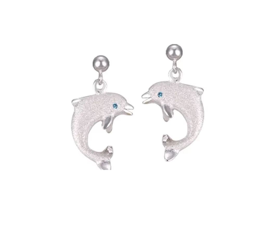 Hawaiian Jewelry | Denny Wong 14K 15Mm "Jumping Single" Dolphin Ball Post Earrings With 2 Blue Diamonds
