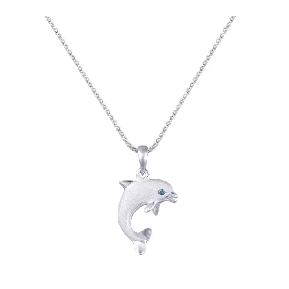 Hawaiian Jewelry | Denny Wong 14K 15Mm "Jumping Single" Dolphin Pendant With 0.01 Carat Blue Diamond