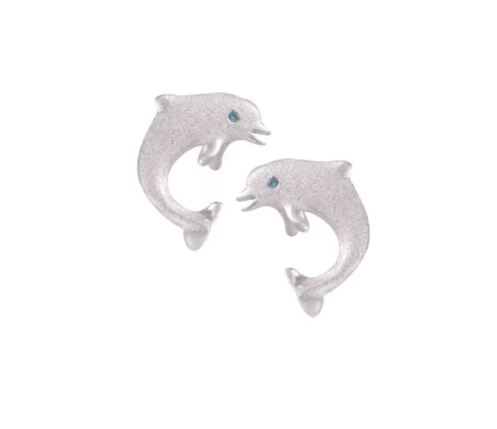 Hawaiian Jewelry | Denny Wong 14K 15Mm "Jumping Single" Dolphin Stud Earrings With 2 Blue Diamonds