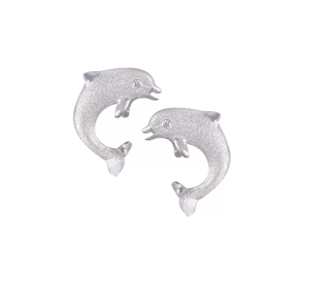 Earrings | Denny Wong 14K 15Mm "Jumping Single" Stud Dolphin Earrings With 2 Diamonds