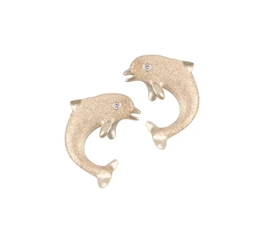 Hawaiian Jewelry | Denny Wong 14K 15Mm "Jumping Single" Stud Dolphin Earrings With 2 Diamonds