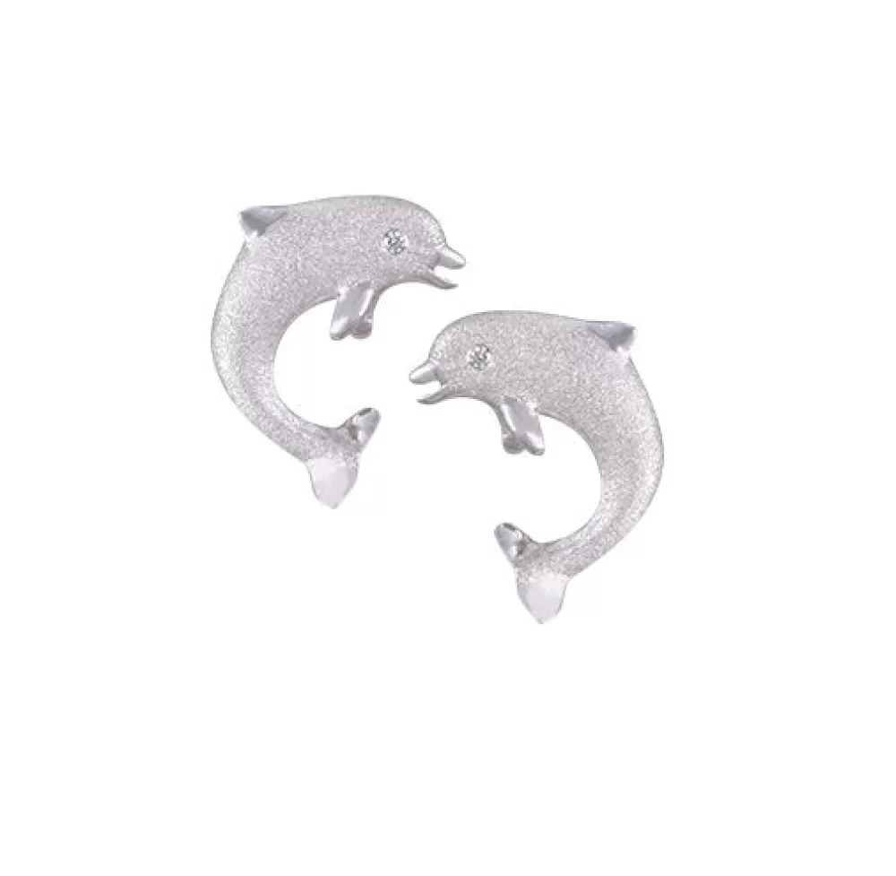 Hawaiian Jewelry | Denny Wong 14K 15Mm "Jumping Single" Stud Dolphin Earrings With 2 Diamonds