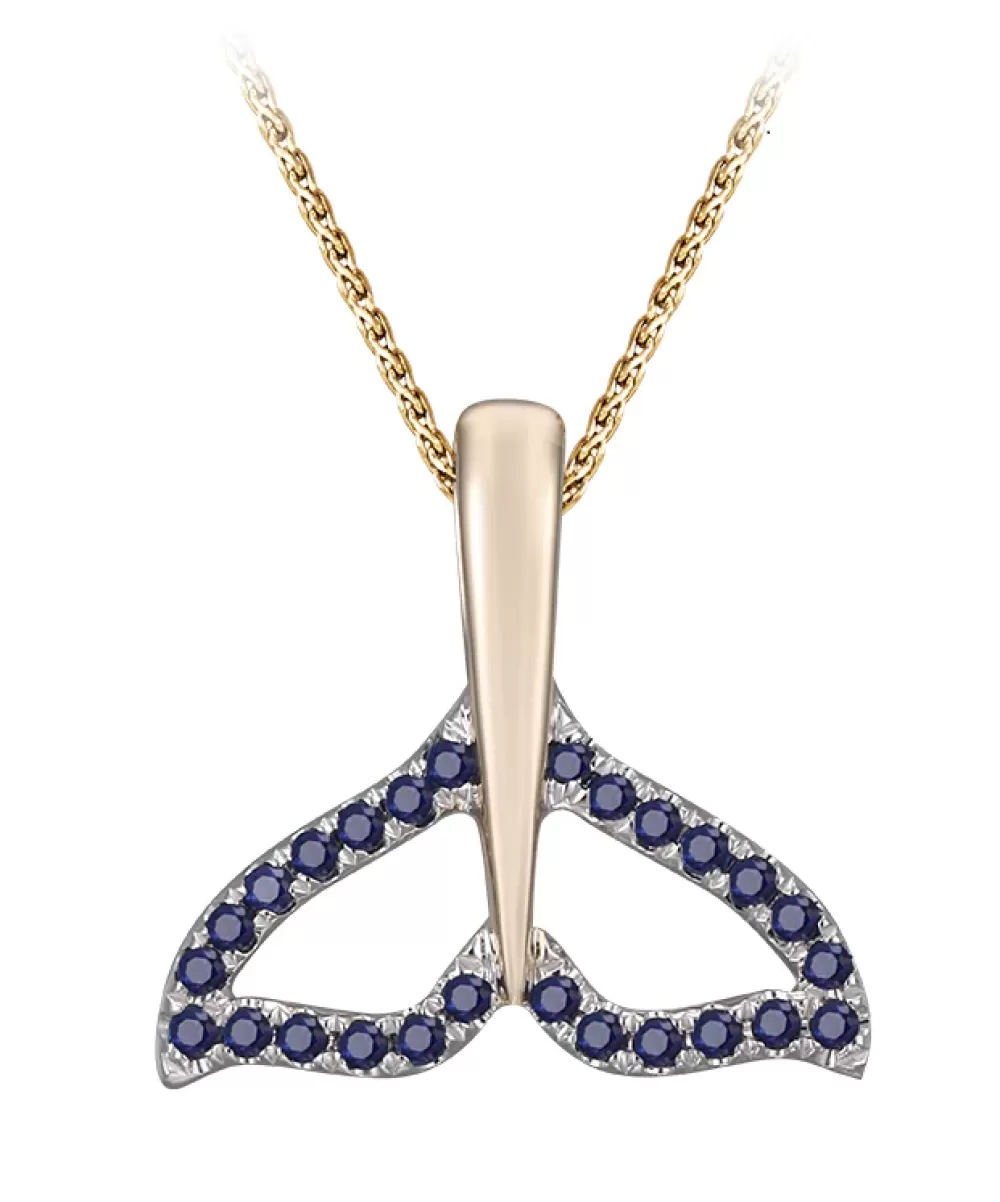 Hawaiian Jewelry | Denny Wong 14K 16Mm Whale Saw Tail Pendant With 26 Blue Sapphires