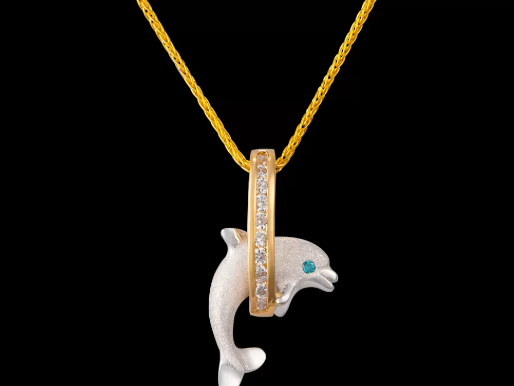 Hawaiian Jewelry | Denny Wong 14K 2/Tone 15Mm "Jumping Loop" Dolphin Pendant With 10 Diamonds