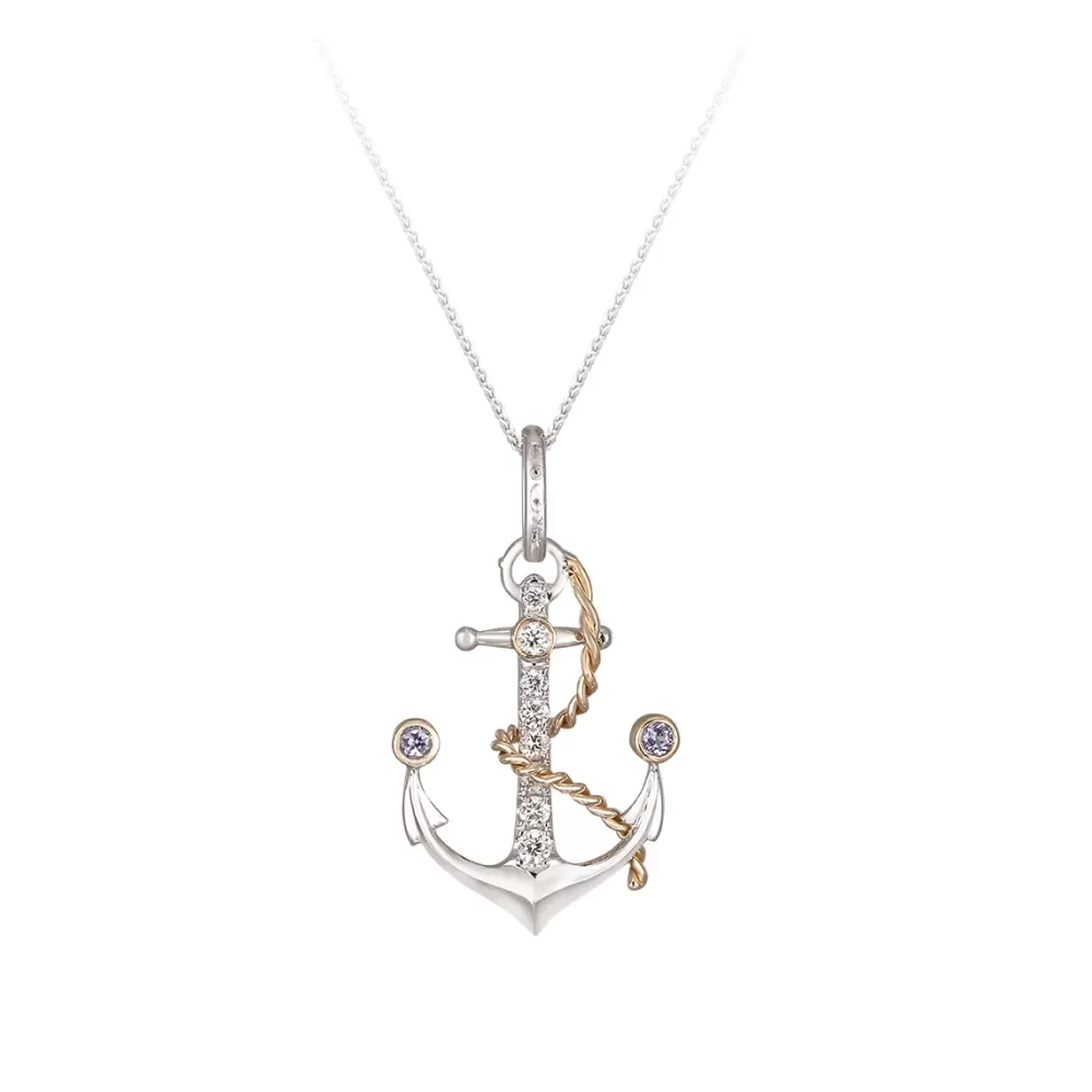 Hawaiian Jewelry | Denny Wong 14K 2/Tone 20Mm "Anchor" Pendant With 2 Tanzanite And 8 Diamonds