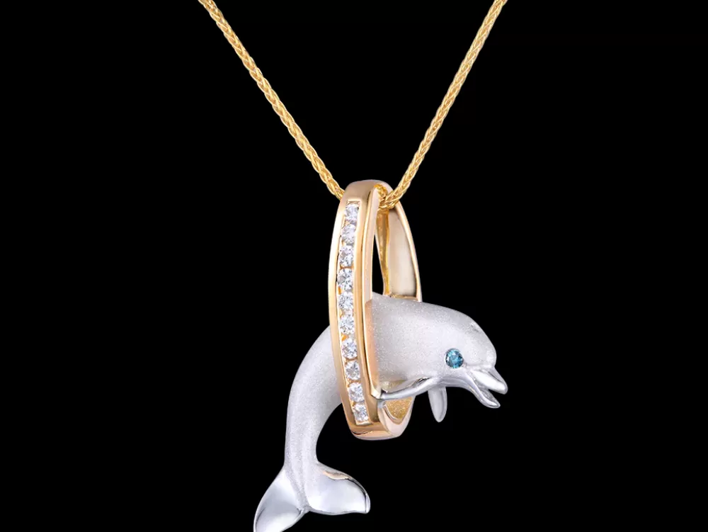 Hawaiian Jewelry | Denny Wong 14K 2/Tone 20Mm "Jumping Loop" Dolphin Pendant With 10 Diamonds