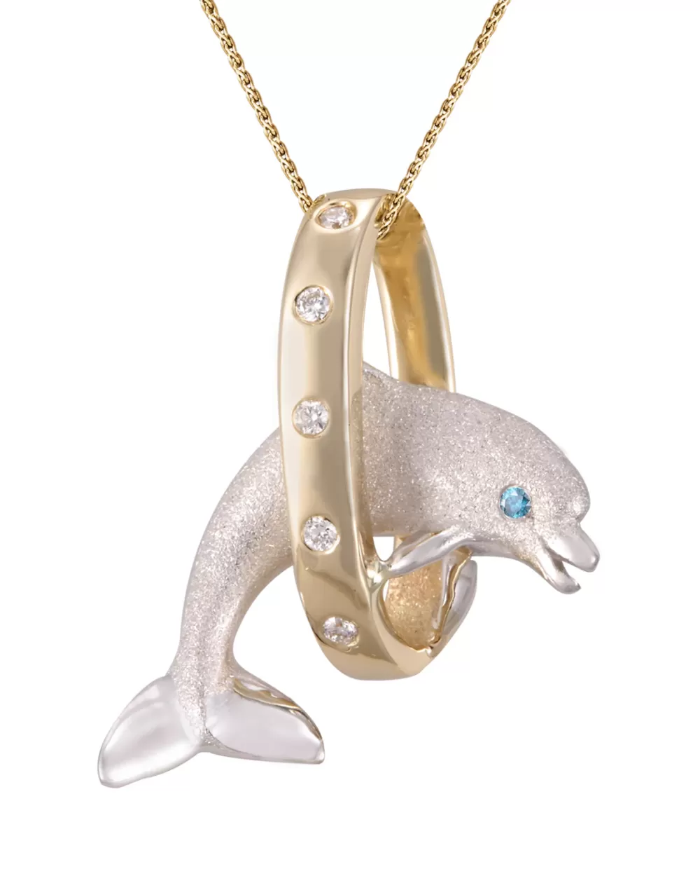 Hawaiian Jewelry | Denny Wong 14K 2/Tone 20Mm "Jumping Loop" Dolphin Pendant With 5 Diamonds