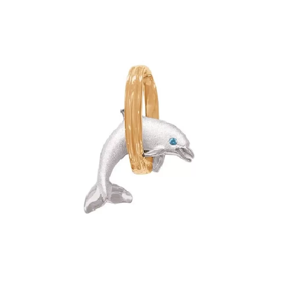 Hawaiian Jewelry | Denny Wong 14K 2/Tone 20Mm "Jumping Loop" Dolphin Pendant With Blue Diamond