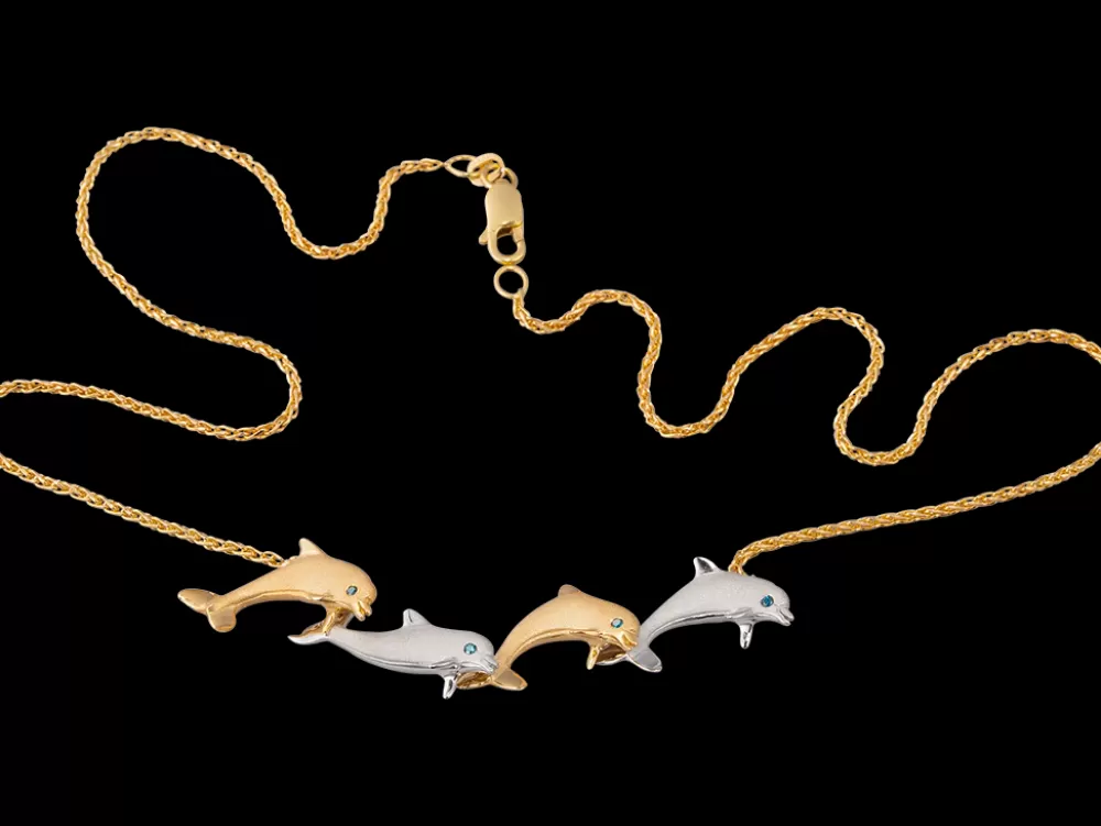 Hawaiian Jewelry | Denny Wong 14K 2/Tone 20Mm "Open Sea" Dolphin Necklace With 4 Diamonds
