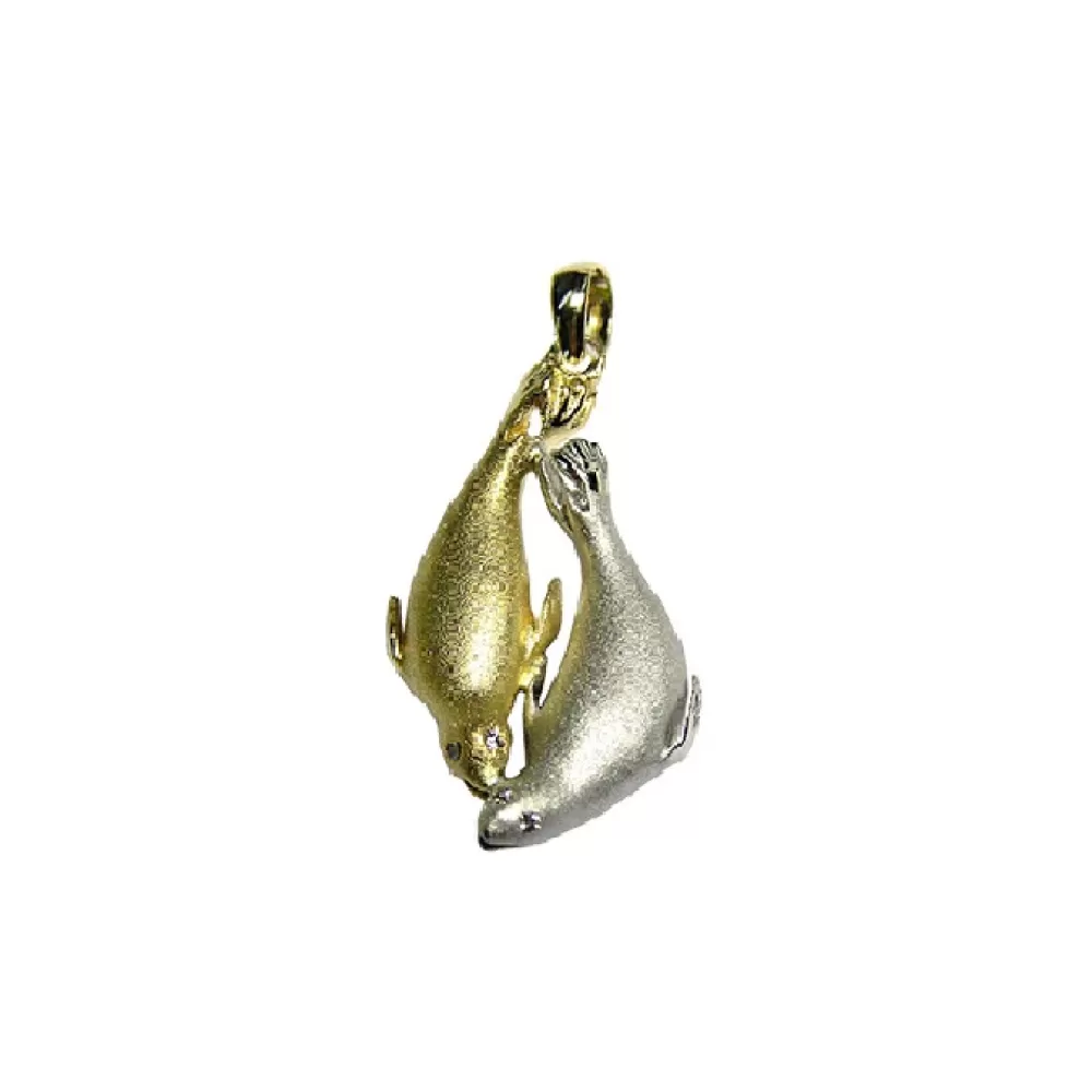 Hawaiian Jewelry | Denny Wong 14K 2/Tone 20Mm Seal Pendant "Dancing Couple" With 4 Diamonds