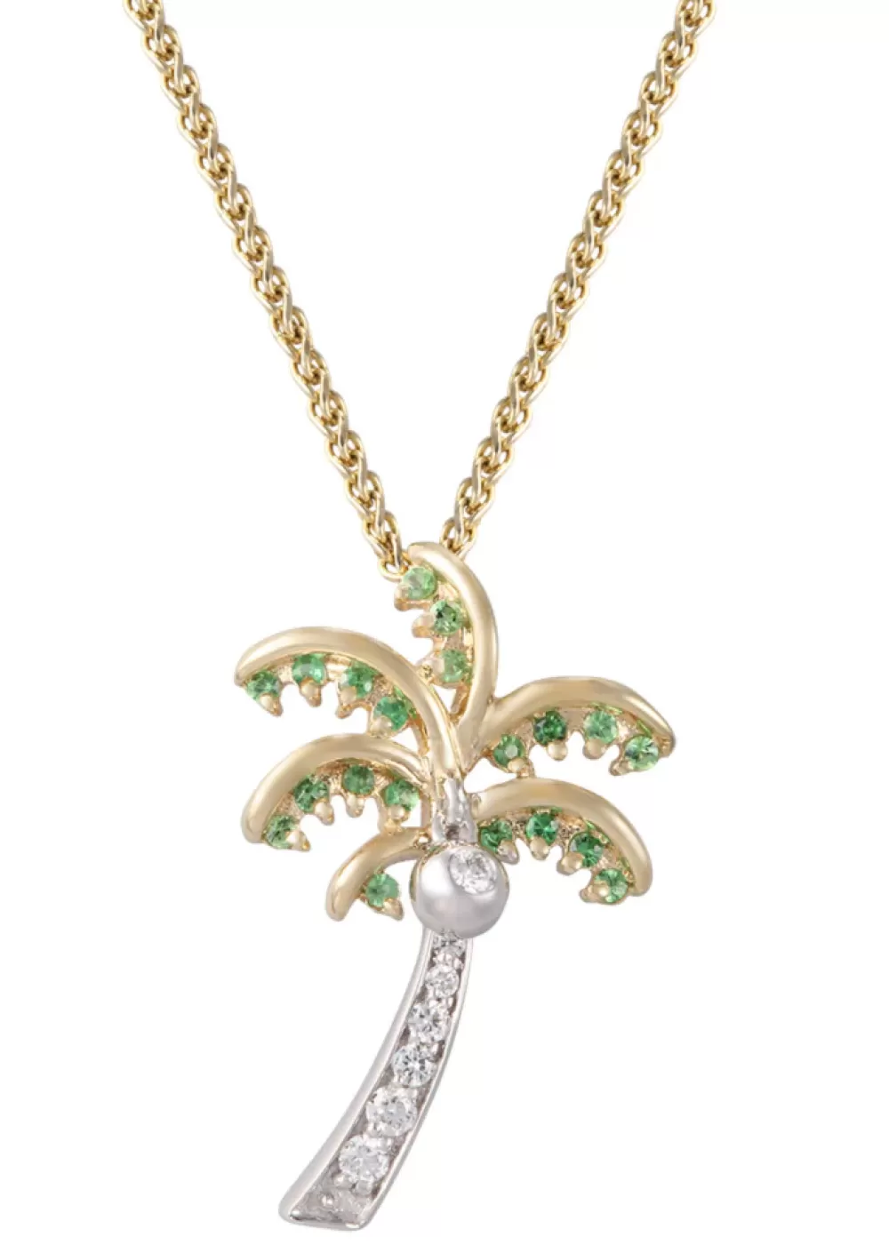 Hawaiian Jewelry | Denny Wong 14K 2/Tone 20Mm Single Palm Tree Pendant With 8 Diamonds And 20 Tsavorites