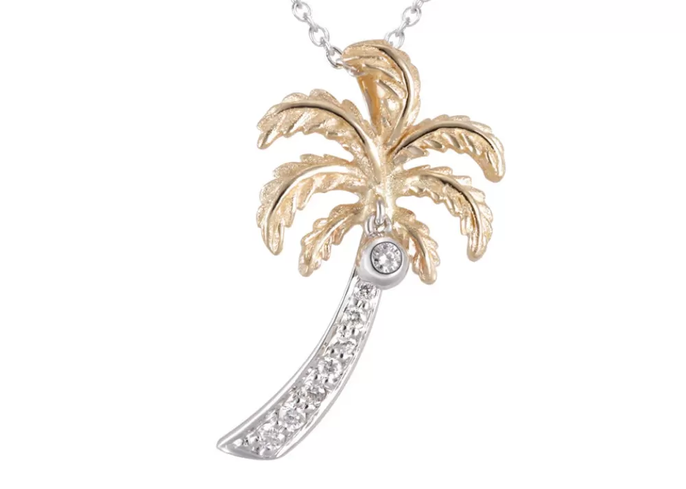 Hawaiian Jewelry | Denny Wong 14K 2/Tone 20Mm Single Palm Tree Pendant With 9 Diamonds