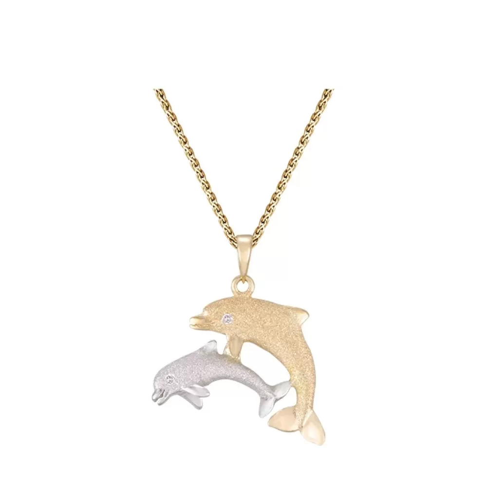 Hawaiian Jewelry | Denny Wong 14K 2/Tone 22Mm "Mother & Calf" Dolphin Pendant With 2 Diamonds