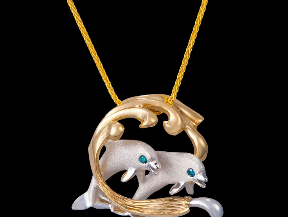 Pendants & Necklaces | Denny Wong 14K 2/Tone 25Mm Surfing Dolphin Pendant With 2 Blue Diamonds