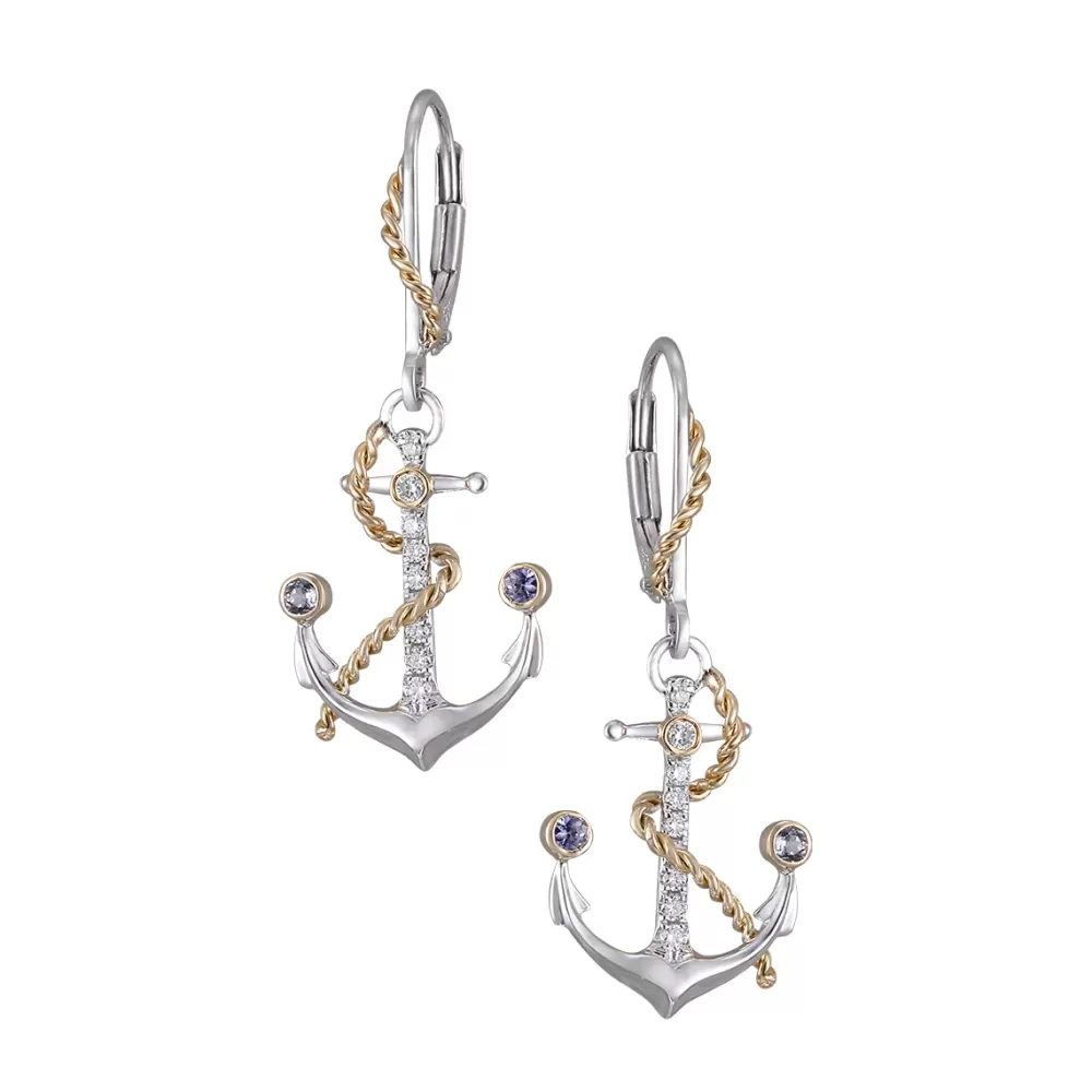Hawaiian Jewelry | Denny Wong 14K 2/Tone "Anchor" Dangle Leverback Earrings With 18 Diamonds And 4 Tanzanites