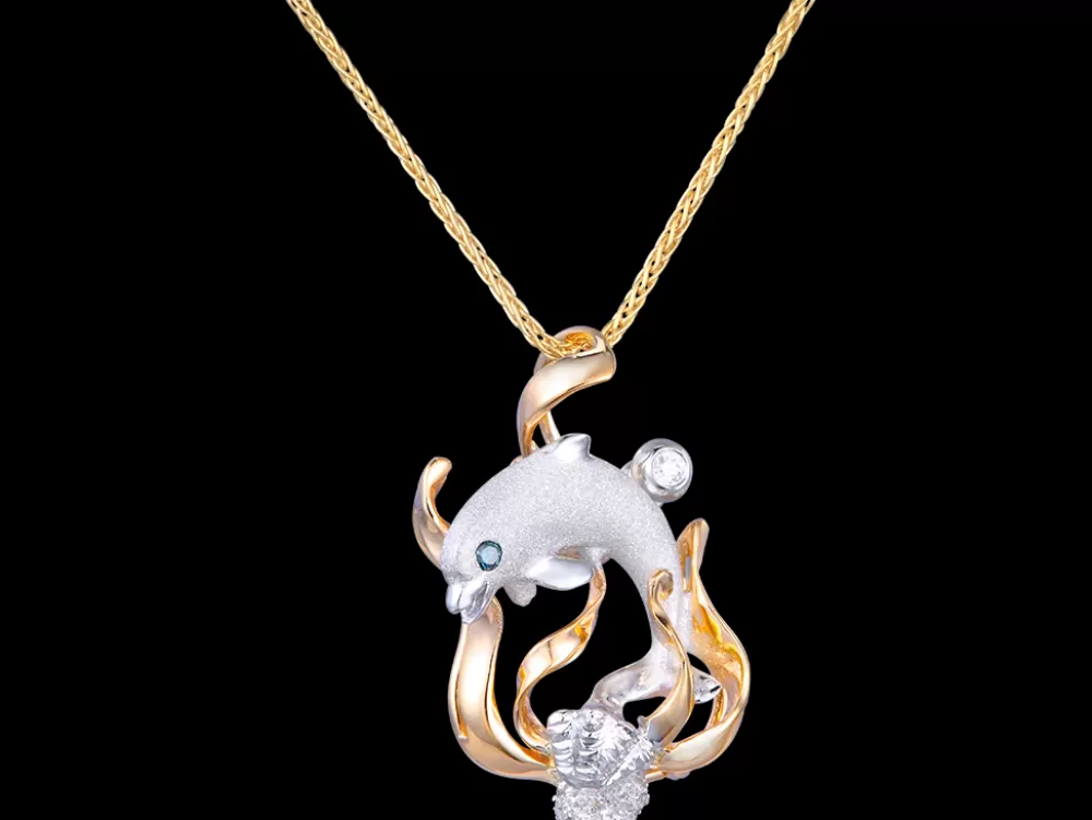 Hawaiian Jewelry | Denny Wong 14K 2/Tone "Blue Lagoon' Dolphin Pendant With 0.01 Carat Blue Diamond