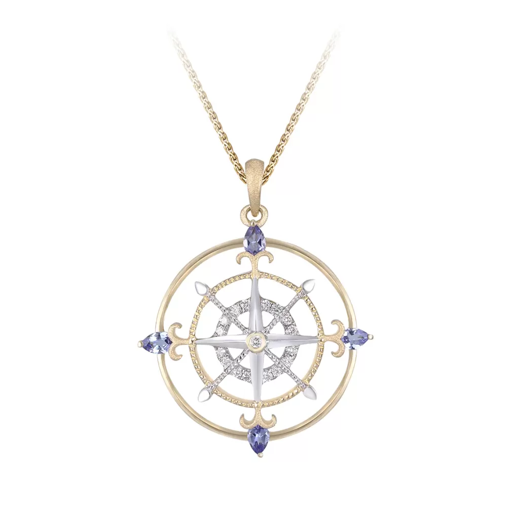 Hawaiian Jewelry | Denny Wong 14K 2/Tone "Compass Rose" Pendant With 17 Diamonds And 4 Tanzanites