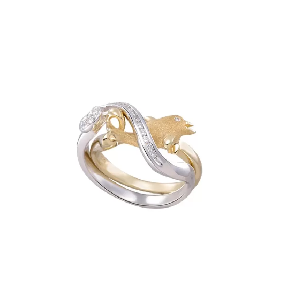 Hawaiian Jewelry | Denny Wong 14K 2/Tone Dolphin Ring "Surfing Single" With Channel Set Band