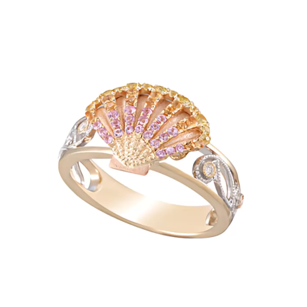 Hawaiian Jewelry | Denny Wong 14K 3/Tone Shell Ring With 4 Diamonds And 48 Colored Sapphires