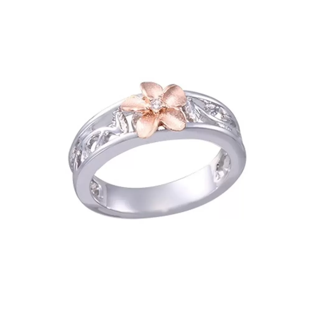 Hawaiian Jewelry | Denny Wong 14K 8Mm "Hang 5" Plumeria Ring With 0.02 Carats Diamond