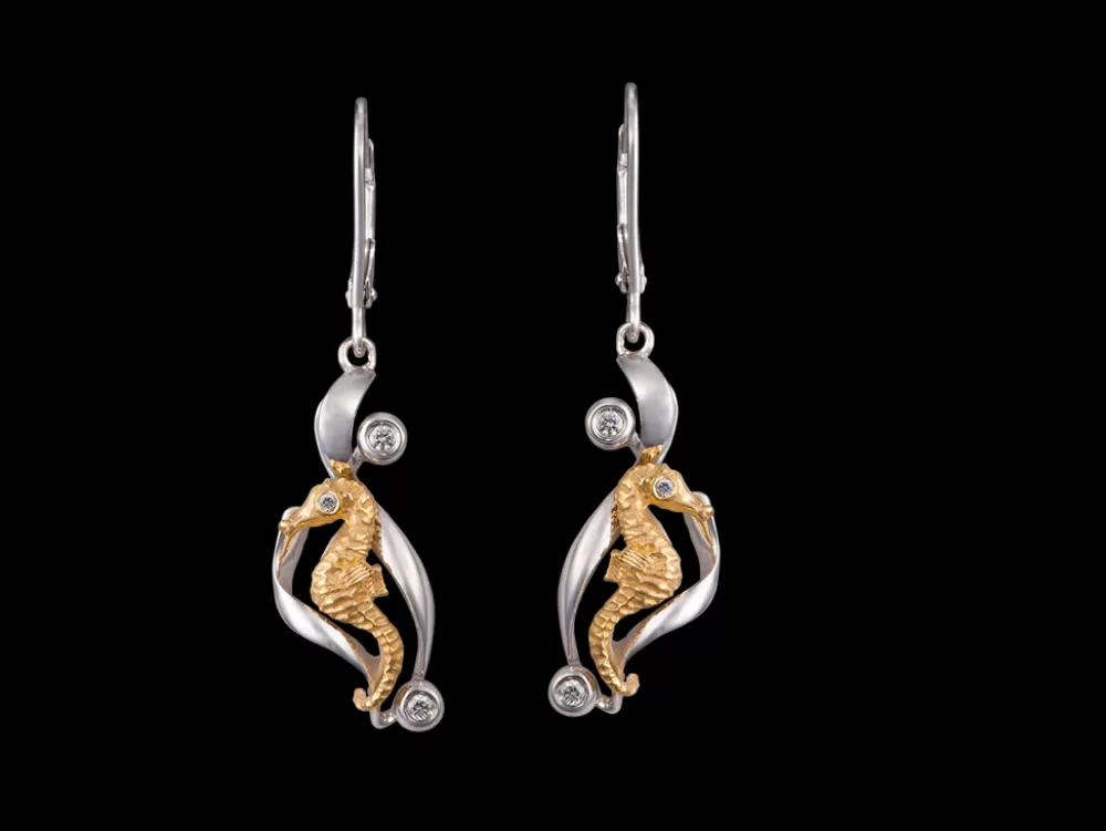 Earrings | Denny Wong 14K Two Tone Single Sea Horse Earrings With 6 Diamonds