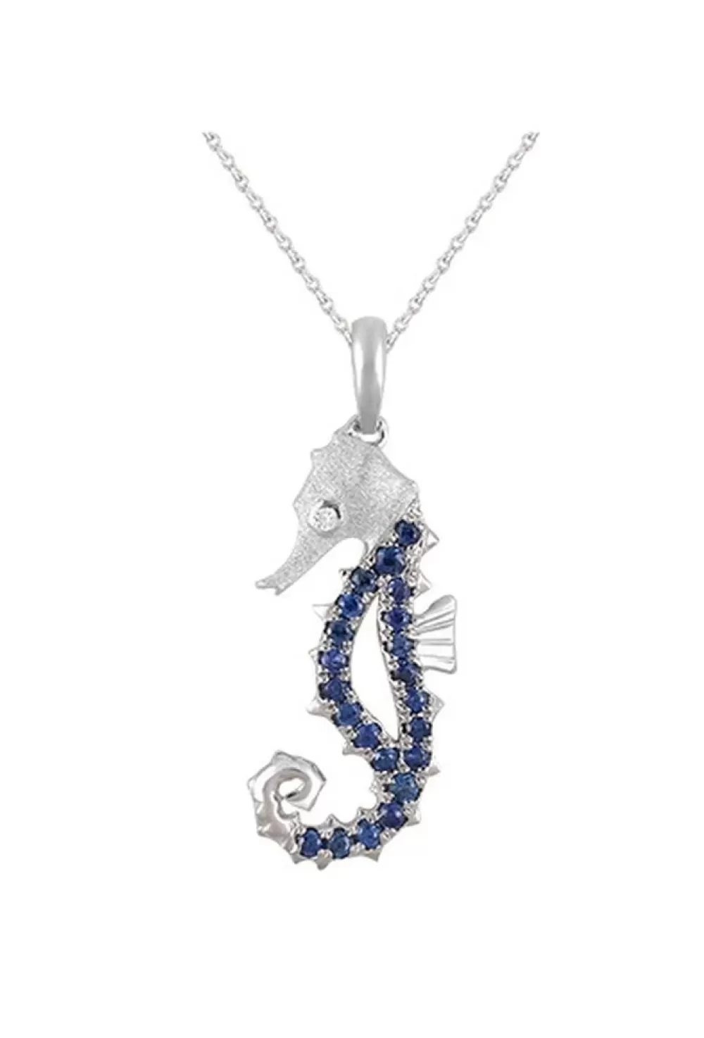 Hawaiian Jewelry | Denny Wong 14K White Gold Single Sea Horse Pendant With Diamond And 22 Blue Sapphires