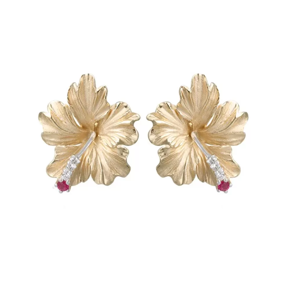 Earrings | Denny Wong 20Mm 14K Hibiscus Earring With 6 Diamonds And 2 Rubies